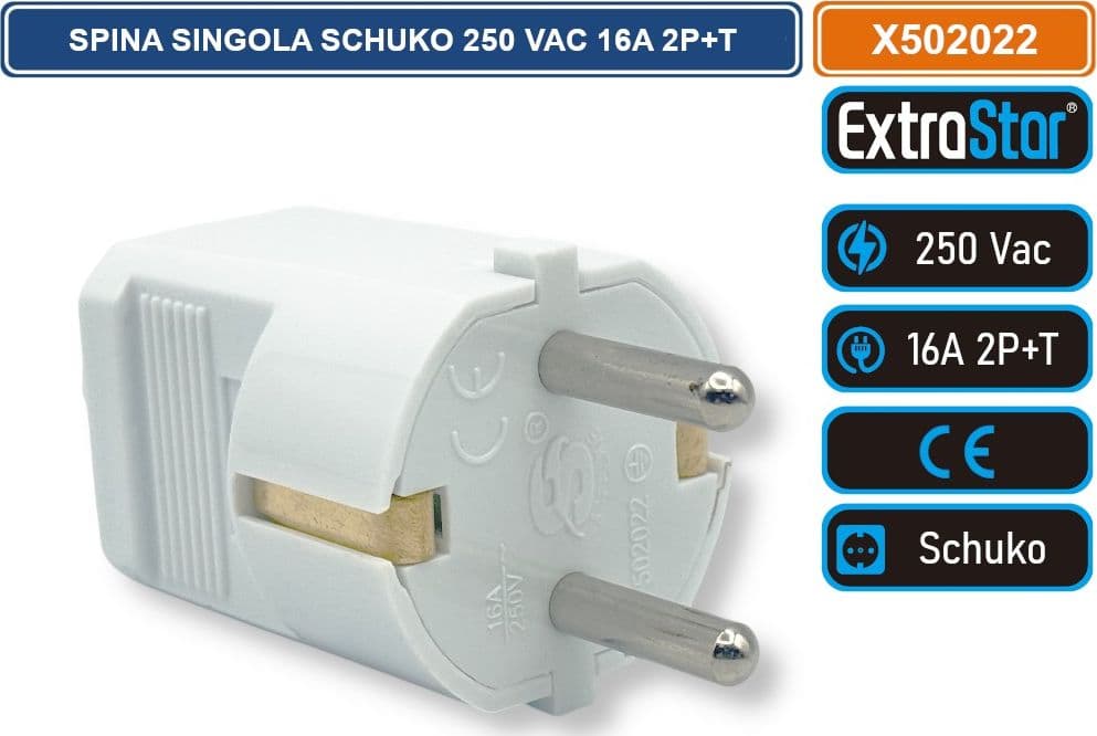 EXTRASTAR X502022 SPINA SINGOLA SCHUKO 16A 2P+T  250 VAC CON USCITA CAVO DRITTA COLORE BIANCO - 3