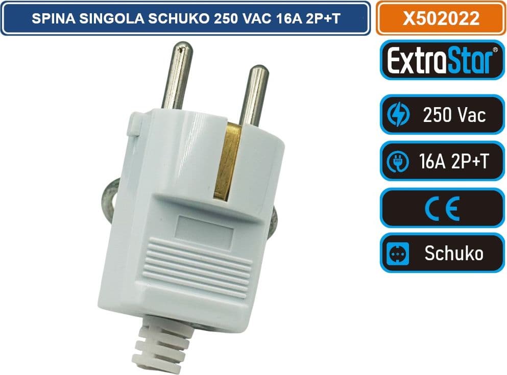 EXTRASTAR X502022 SPINA SINGOLA SCHUKO 16A 2P+T  250 VAC CON USCITA CAVO DRITTA COLORE BIANCO - 4