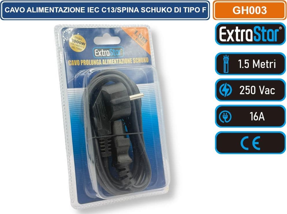 EXTRASTAR GH003 CAVO DI ALIMENTAZIONE 1,5 METRI IEC C13 SPINA TEDESCA SCHUKO DI TIPO F 16A 250VAC - 2