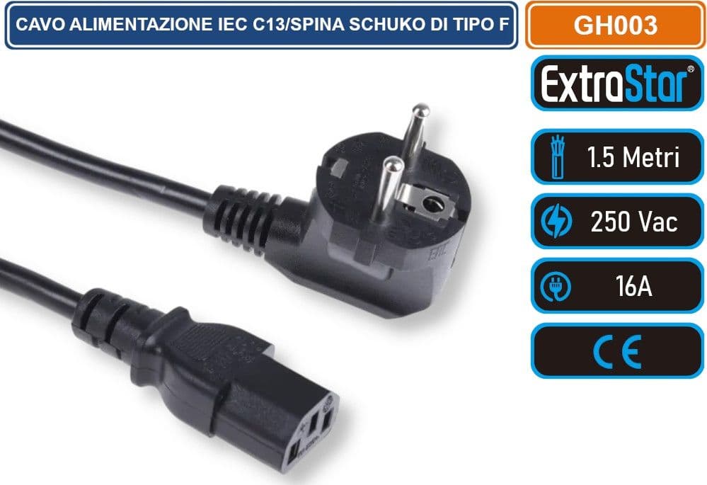 EXTRASTAR GH003 CAVO DI ALIMENTAZIONE 1,5 METRI IEC C13 SPINA TEDESCA SCHUKO DI TIPO F 16A 250VAC - 3