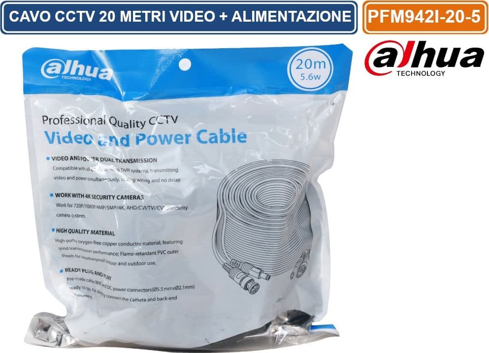 DAHUA PFM942I-20-5 MATASSA DI CAVO VIDEO ED ALIMENTAZIONE DA 20 METRI PER SISTEMI DI VIDEOSORVEGLIANZA CCTV - 2