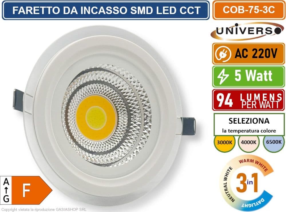 FARETTO COB LED DA INCASSO ROTONDO 5W COLORE BIANCO CCT SWITCH CON SELEZIONE TEMPERATURA DI LUCE 3000K - 4000K - 6500K - 2