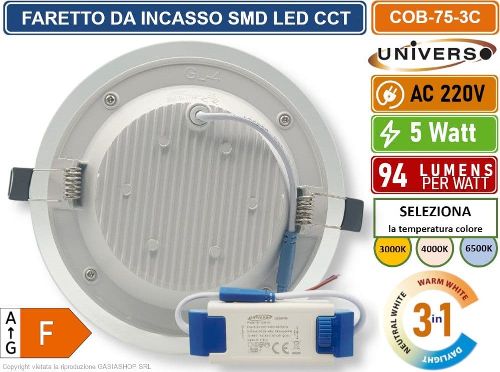 FARETTO COB LED DA INCASSO ROTONDO 5W COLORE BIANCO CCT SWITCH CON SELEZIONE TEMPERATURA DI LUCE 3000K - 4000K - 6500K - 3