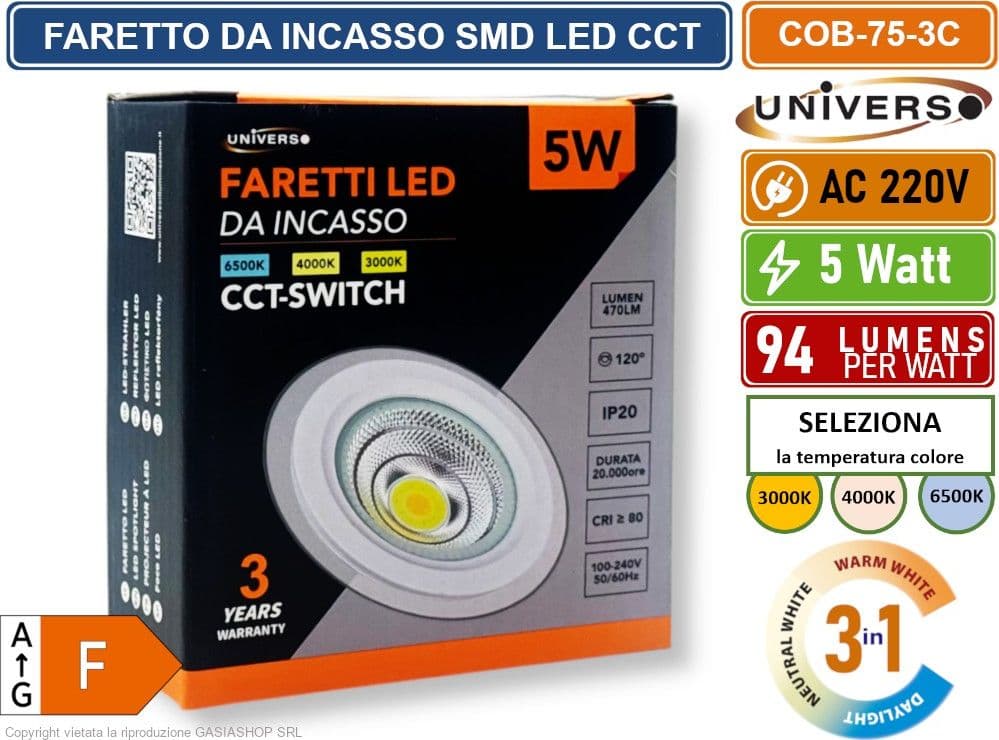 FARETTO COB LED DA INCASSO ROTONDO 5W COLORE BIANCO CCT SWITCH CON SELEZIONE TEMPERATURA DI LUCE 3000K - 4000K - 6500K - 5