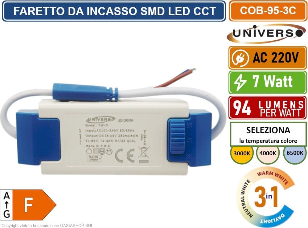 FARETTO COB LED DA INCASSO ROTONDO 7W COLORE BIANCO CCT SWITCH CON SELEZIONE TEMPERATURA DI LUCE 3000K - 4000K - 6500K - 4