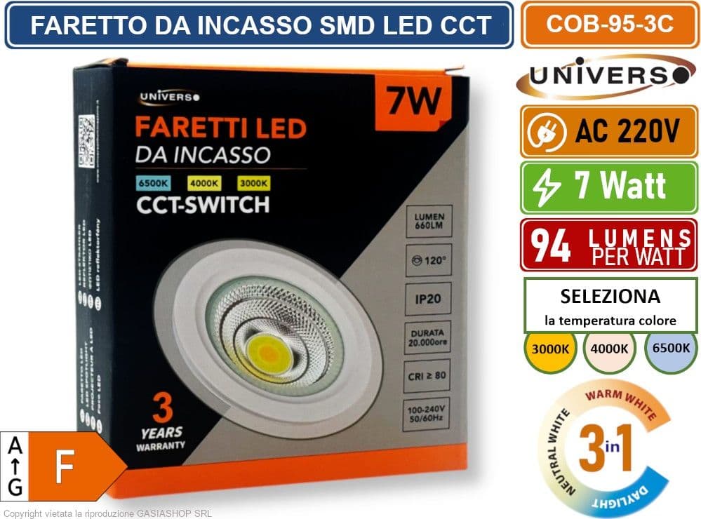 FARETTO COB LED DA INCASSO ROTONDO 7W COLORE BIANCO CCT SWITCH CON SELEZIONE TEMPERATURA DI LUCE 3000K - 4000K - 6500K - 5