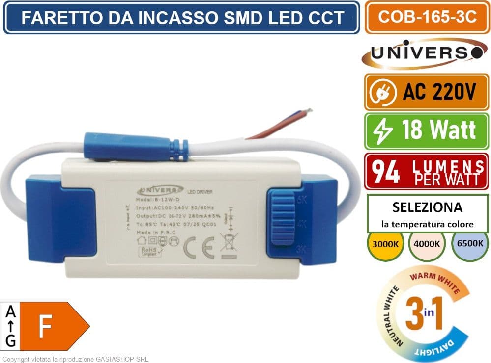 FARETTO COB LED DA INCASSO ROTONDO 18W COLORE BIANCO CCT SWITCH CON SELEZIONE TEMPERATURA DI LUCE 3000K - 4000K - 6500K - 4