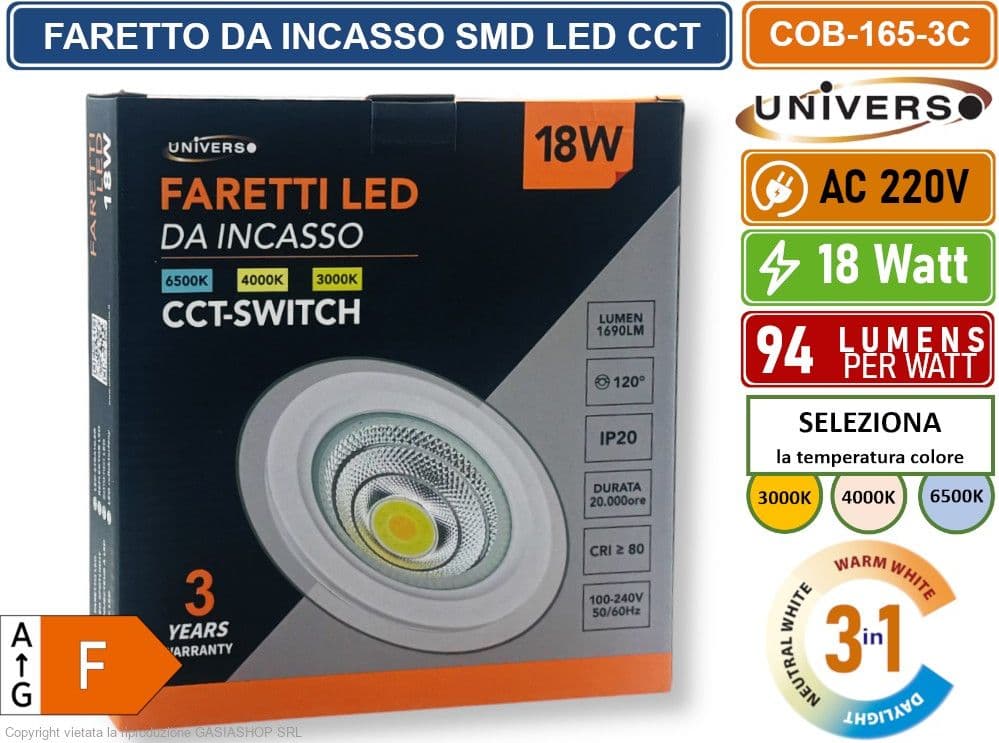 FARETTO COB LED DA INCASSO ROTONDO 18W COLORE BIANCO CCT SWITCH CON SELEZIONE TEMPERATURA DI LUCE 3000K - 4000K - 6500K - 5