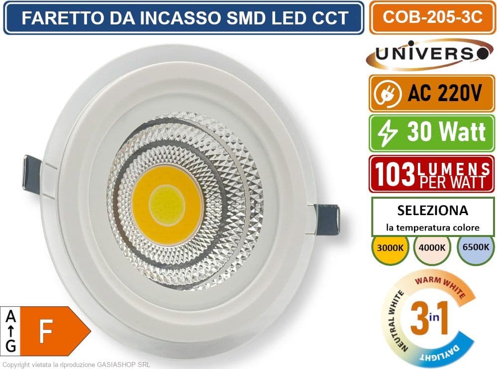 FARETTO COB LED DA INCASSO ROTONDO 30W COLORE BIANCO CCT SWITCH CON SELEZIONE TEMPERATURA DI LUCE 3000K - 4000K - 6500K - 2