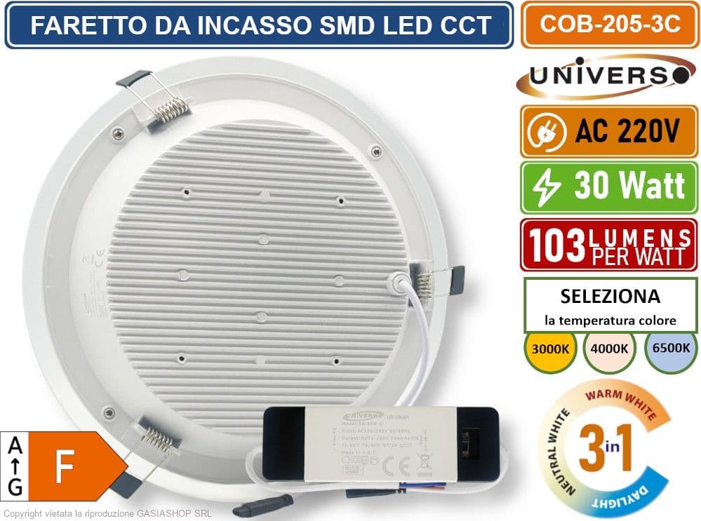 FARETTO COB LED DA INCASSO ROTONDO 30W COLORE BIANCO CCT SWITCH CON SELEZIONE TEMPERATURA DI LUCE 3000K - 4000K - 6500K - 3