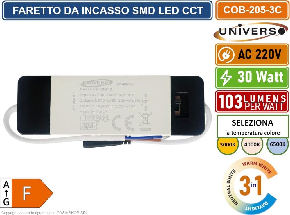 FARETTO COB LED DA INCASSO ROTONDO 30W COLORE BIANCO CCT SWITCH CON SELEZIONE TEMPERATURA DI LUCE 3000K - 4000K - 6500K - 4