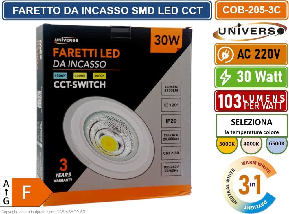 FARETTO COB LED DA INCASSO ROTONDO 30W COLORE BIANCO CCT SWITCH CON SELEZIONE TEMPERATURA DI LUCE 3000K - 4000K - 6500K - 5