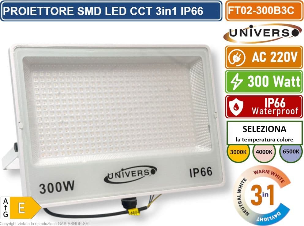 UNIVERSO FT02-300B3C FARO PROIETTORE SMD LED ULTRA SLIM 300W CCT SWITCH TEMPERATURA COLORE SELEZIONABILE IP66 - 2
