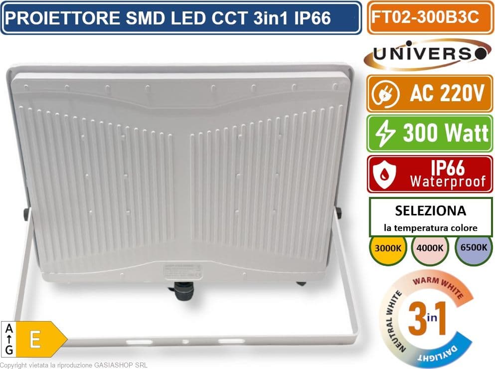 UNIVERSO FT02-300B3C FARO PROIETTORE SMD LED ULTRA SLIM 300W CCT SWITCH TEMPERATURA COLORE SELEZIONABILE IP66 - 3