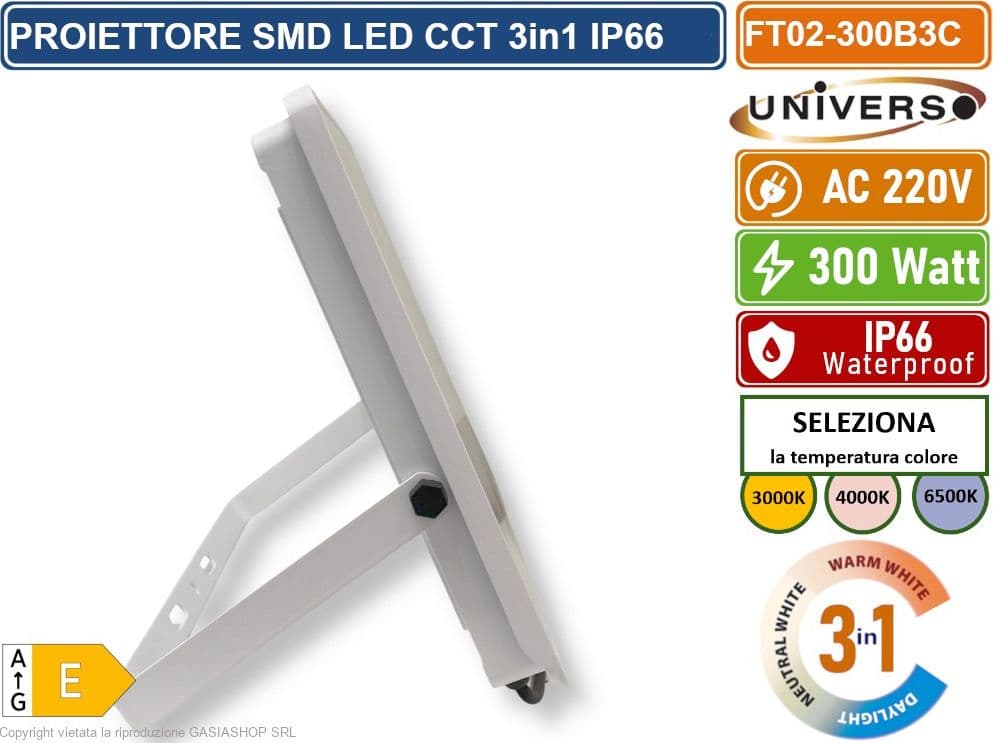 UNIVERSO FT02-300B3C FARO PROIETTORE SMD LED ULTRA SLIM 300W CCT SWITCH TEMPERATURA COLORE SELEZIONABILE IP66 - 4