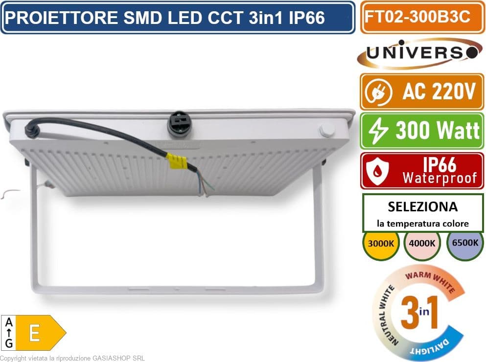 UNIVERSO FT02-300B3C FARO PROIETTORE SMD LED ULTRA SLIM 300W CCT SWITCH TEMPERATURA COLORE SELEZIONABILE IP66 - 5