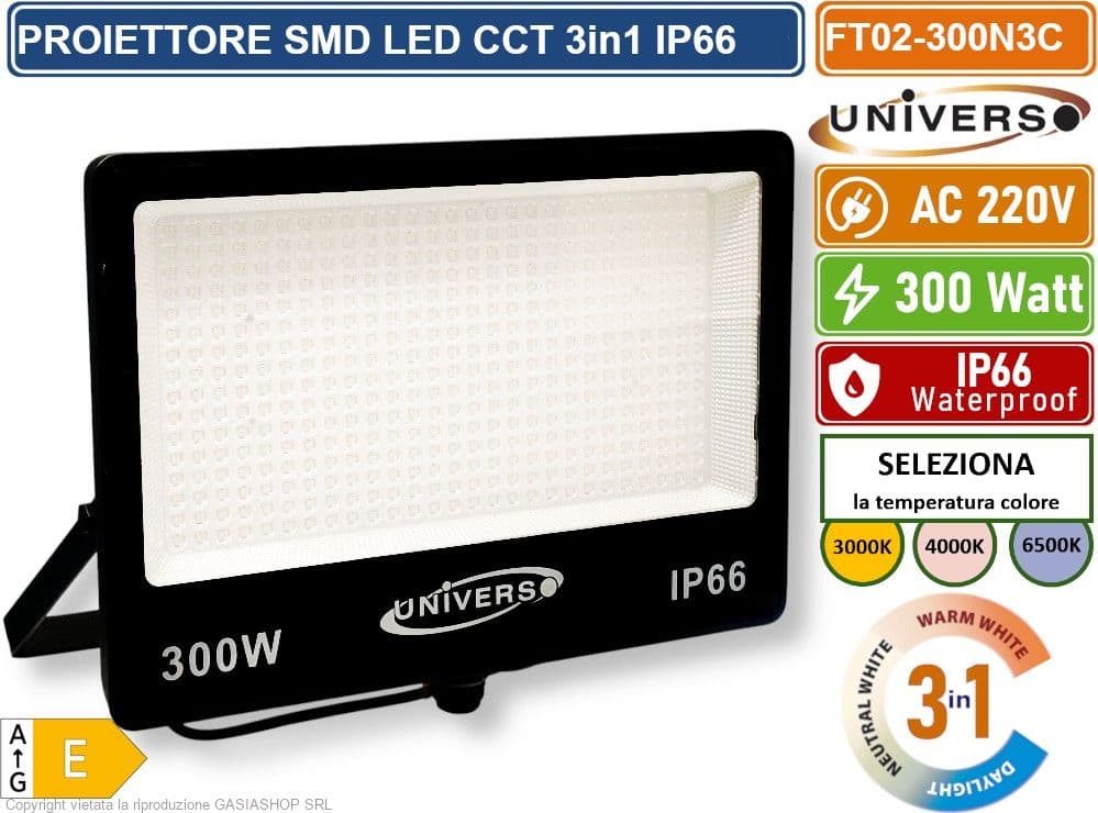 UNIVERSO FT02-300N3C FARO PROIETTORE SMD LED ULTRA SLIM 300W CCT SWITCH TEMPERATURA COLORE SELEZIONABILE IP66 - 2