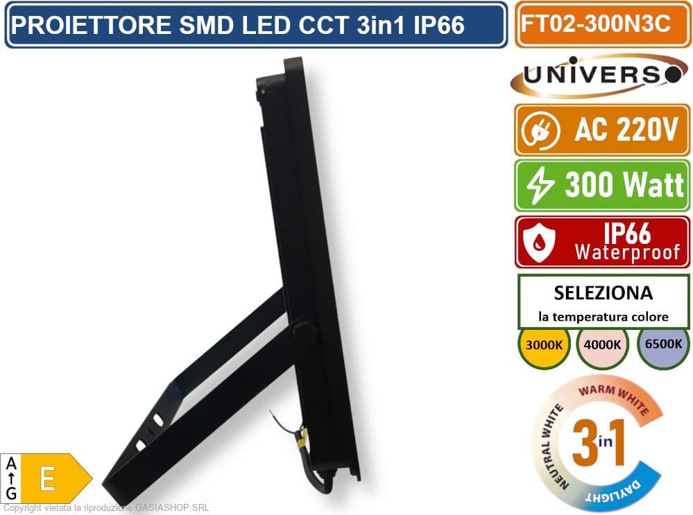UNIVERSO FT02-300N3C FARO PROIETTORE SMD LED ULTRA SLIM 300W CCT SWITCH TEMPERATURA COLORE SELEZIONABILE IP66 - 3