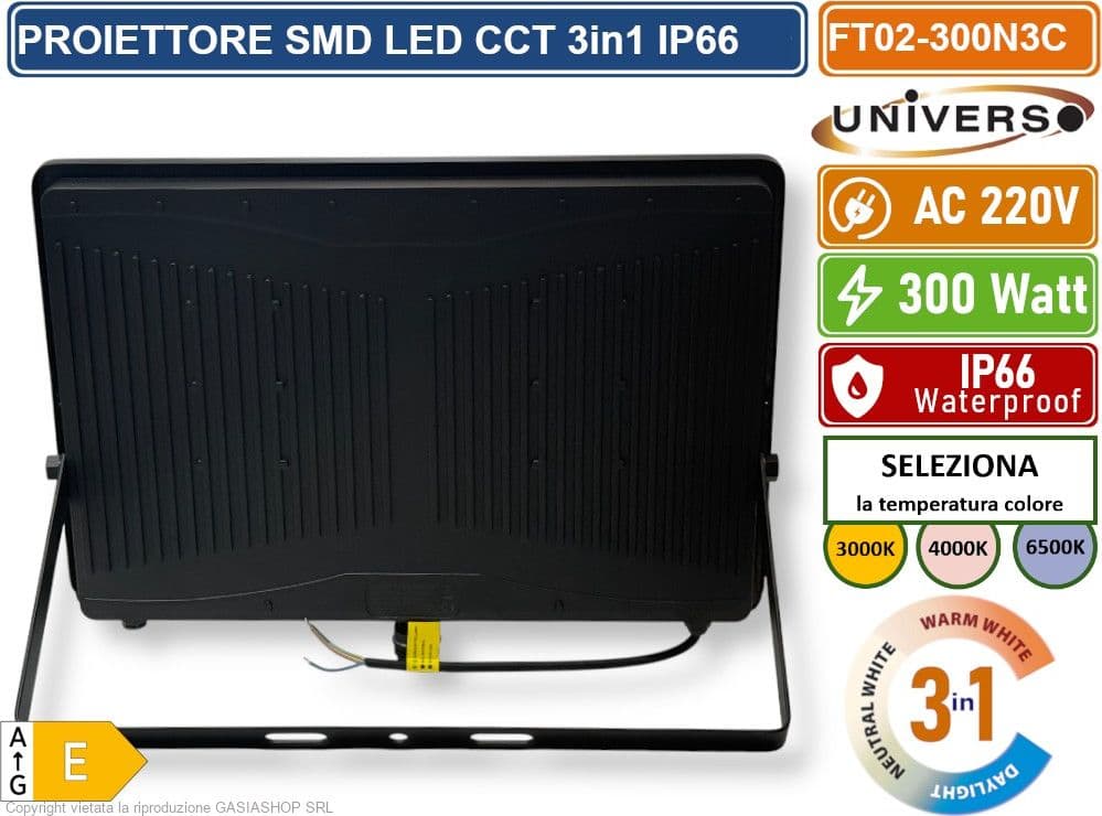 UNIVERSO FT02-300N3C FARO PROIETTORE SMD LED ULTRA SLIM 300W CCT SWITCH TEMPERATURA COLORE SELEZIONABILE IP66 - 4