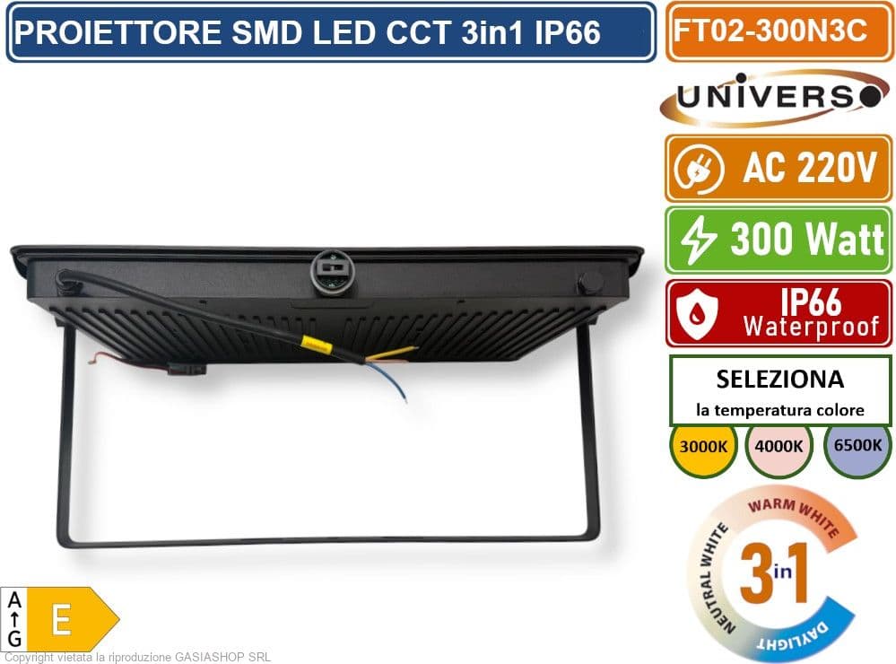 UNIVERSO FT02-300N3C FARO PROIETTORE SMD LED ULTRA SLIM 300W CCT SWITCH TEMPERATURA COLORE SELEZIONABILE IP66 - 5