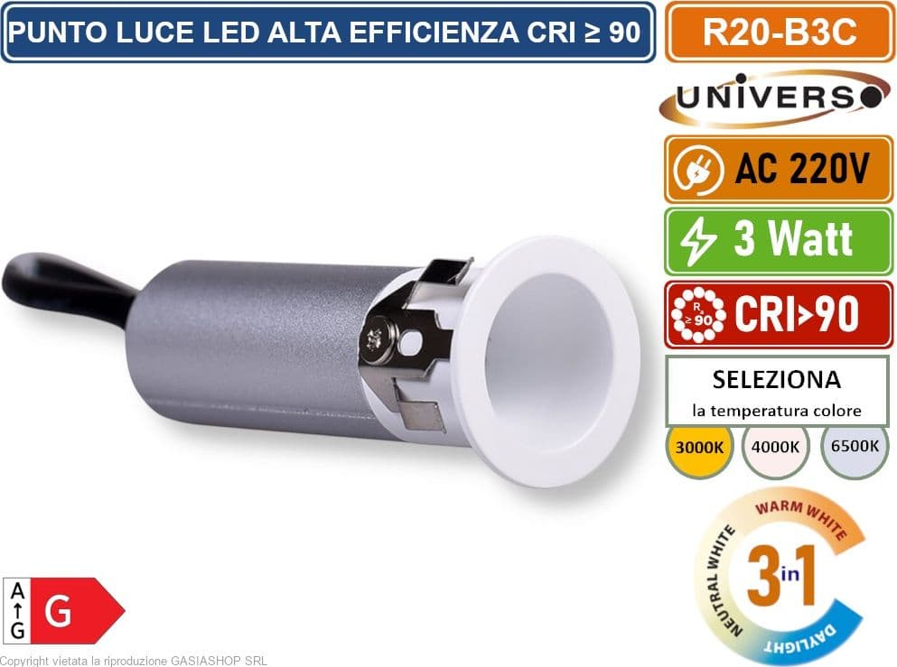 UNIVERSO R20-B3C FARO FARETTO LED PUNTO LUCE SPOT LIGHT ROTONDO COLORE BIANCO ARGENTO DA INCASSO 3W CCT SWITCH TEMPERATURA COLORE SELEZIONABILE - 2