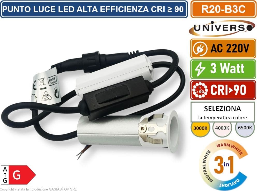 UNIVERSO R20-B3C FARO FARETTO LED PUNTO LUCE SPOT LIGHT ROTONDO COLORE BIANCO ARGENTO DA INCASSO 3W CCT SWITCH TEMPERATURA COLORE SELEZIONABILE - 3