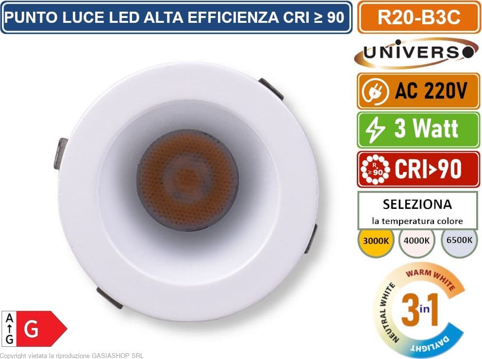UNIVERSO R20-B3C FARO FARETTO LED PUNTO LUCE SPOT LIGHT ROTONDO COLORE BIANCO ARGENTO DA INCASSO 3W CCT SWITCH TEMPERATURA COLORE SELEZIONABILE - 4