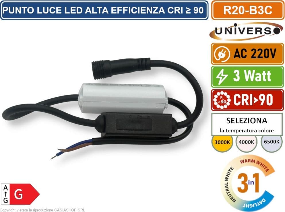 UNIVERSO R20-B3C FARO FARETTO LED PUNTO LUCE SPOT LIGHT ROTONDO COLORE BIANCO ARGENTO DA INCASSO 3W CCT SWITCH TEMPERATURA COLORE SELEZIONABILE - 5