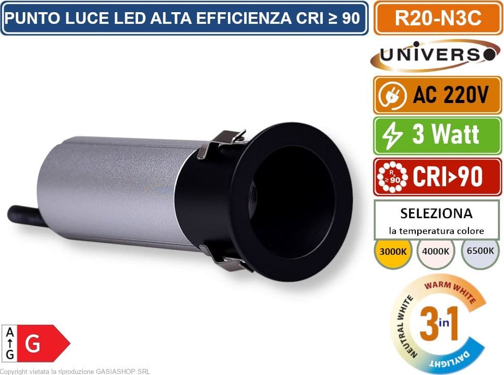 UNIVERSO R20-N3C FARO FARETTO LED PUNTO LUCE SPOT LIGHT ROTONDO COLORE NERO ARGENTO DA INCASSO 3W CCT SWITCH TEMPERATURA COLORE SELEZIONABILE - 2