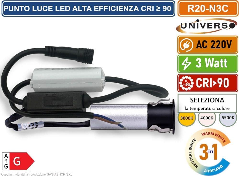 UNIVERSO R20-N3C FARO FARETTO LED PUNTO LUCE SPOT LIGHT ROTONDO COLORE NERO ARGENTO DA INCASSO 3W CCT SWITCH TEMPERATURA COLORE SELEZIONABILE - 3