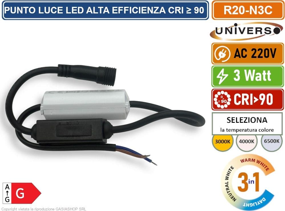 UNIVERSO R20-N3C FARO FARETTO LED PUNTO LUCE SPOT LIGHT ROTONDO COLORE NERO ARGENTO DA INCASSO 3W CCT SWITCH TEMPERATURA COLORE SELEZIONABILE - 4