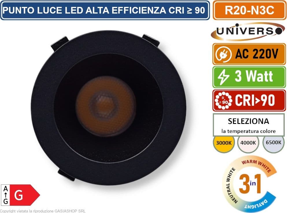 UNIVERSO R20-N3C FARO FARETTO LED PUNTO LUCE SPOT LIGHT ROTONDO COLORE NERO ARGENTO DA INCASSO 3W CCT SWITCH TEMPERATURA COLORE SELEZIONABILE - 5