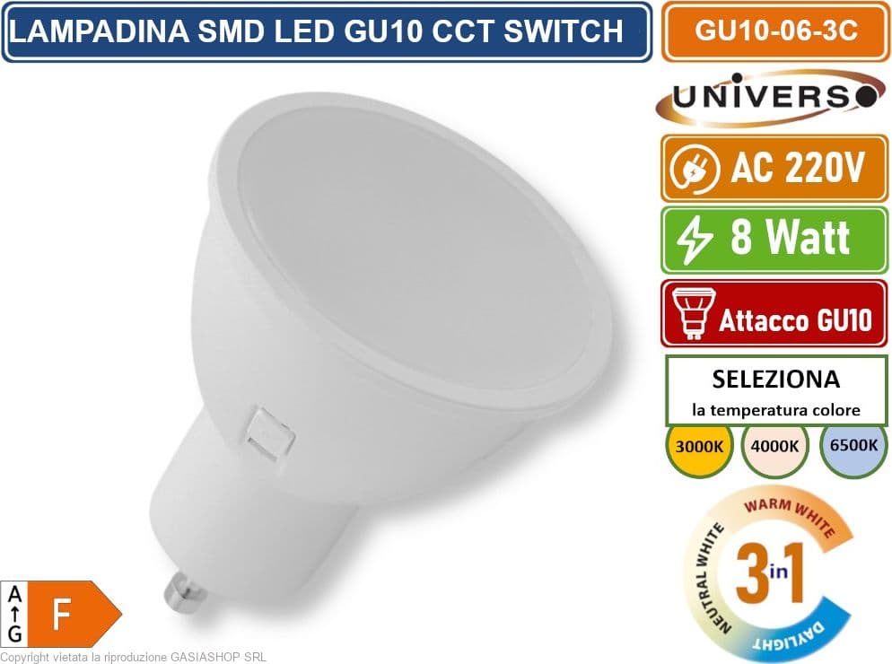 CONFEZIONE 5 PEZZI UNIVERSO GU10-06-3C LAMPADINA FARETTO LED 8W 710 LUMEN ATTACCO GU10 CON SWITCH CCT PER SELEZIONE LUCE 3000K/4000K/6500K - 2
