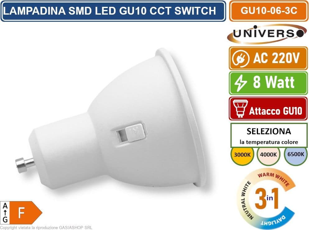 CONFEZIONE 5 PEZZI UNIVERSO GU10-06-3C LAMPADINA FARETTO LED 8W 710 LUMEN ATTACCO GU10 CON SWITCH CCT PER SELEZIONE LUCE 3000K/4000K/6500K - 3