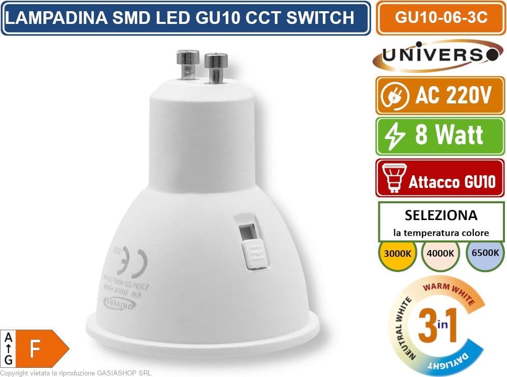 CONFEZIONE 5 PEZZI UNIVERSO GU10-06-3C LAMPADINA FARETTO LED 8W 710 LUMEN ATTACCO GU10 CON SWITCH CCT PER SELEZIONE LUCE 3000K/4000K/6500K - 4