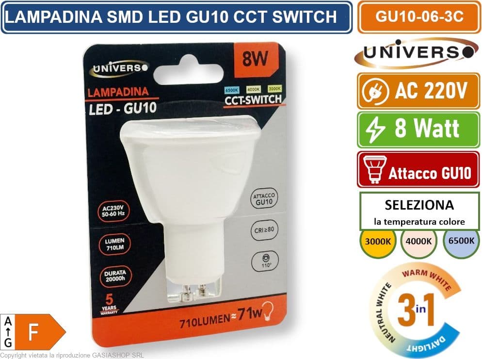 CONFEZIONE 5 PEZZI UNIVERSO GU10-06-3C LAMPADINA FARETTO LED 8W 710 LUMEN ATTACCO GU10 CON SWITCH CCT PER SELEZIONE LUCE 3000K/4000K/6500K - 5