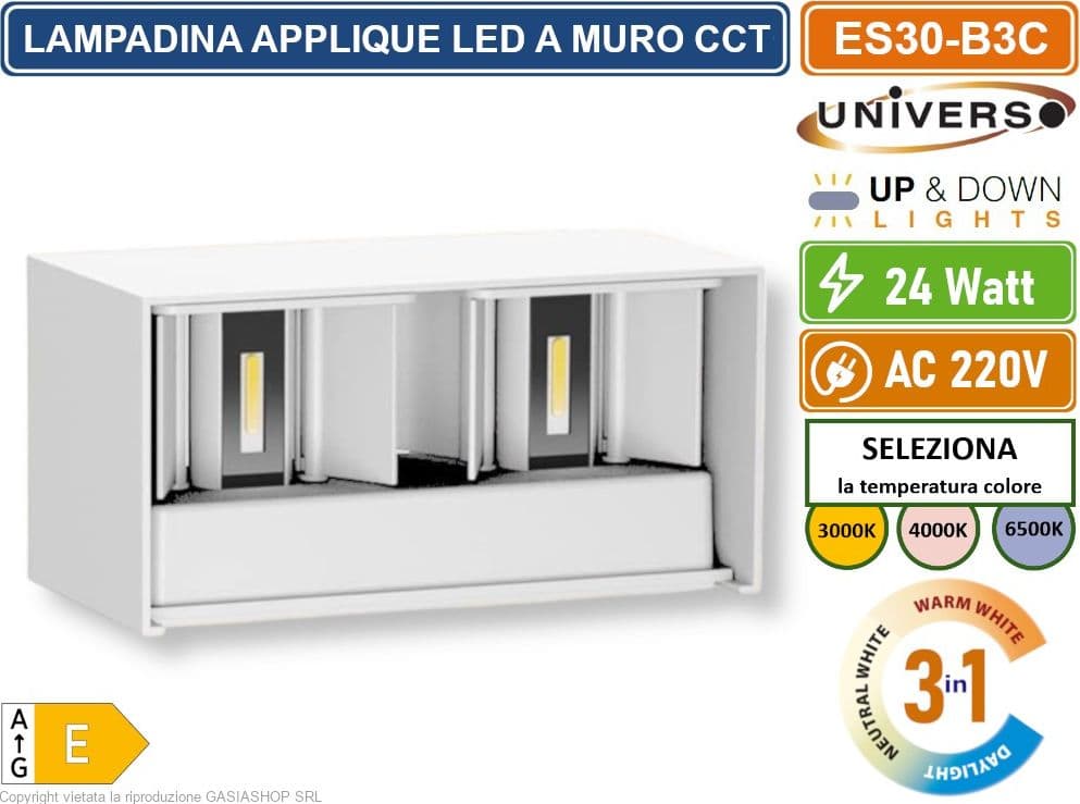 UNIVERSO ES30-B3C LAMPADA APPLIQUE LED DA MURO BIANCA 24W DOPPIO FASCIO LUMINOSO REGOLABILE CON SWITCH CCT PER SELEZIONE LUCE 3000K/4000K/6500K IP65 - 2