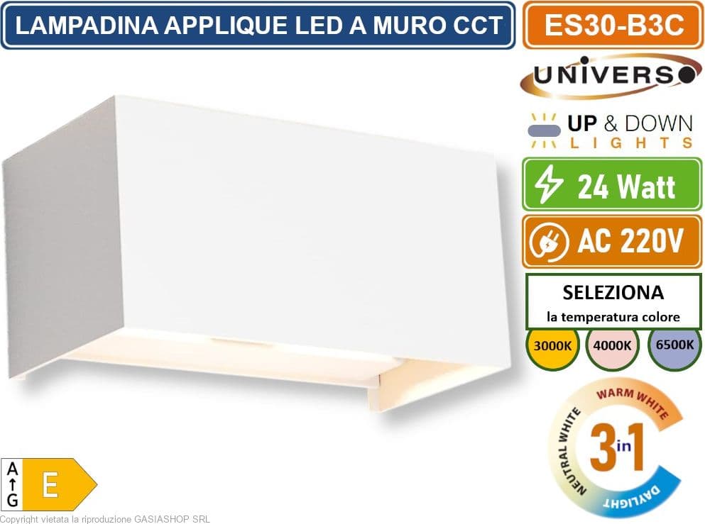 UNIVERSO ES30-B3C LAMPADA APPLIQUE LED DA MURO BIANCA 24W DOPPIO FASCIO LUMINOSO REGOLABILE CON SWITCH CCT PER SELEZIONE LUCE 3000K/4000K/6500K IP65 - 3