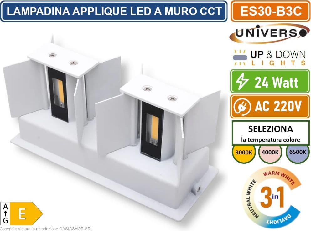 UNIVERSO ES30-B3C LAMPADA APPLIQUE LED DA MURO BIANCA 24W DOPPIO FASCIO LUMINOSO REGOLABILE CON SWITCH CCT PER SELEZIONE LUCE 3000K/4000K/6500K IP65 - 4