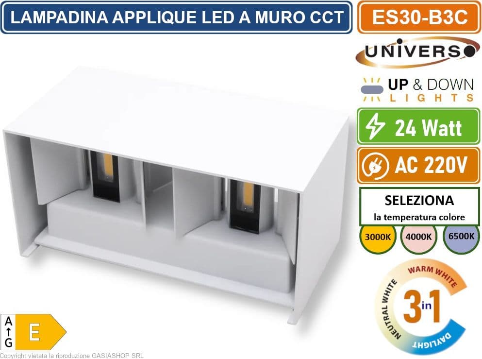 UNIVERSO ES30-B3C LAMPADA APPLIQUE LED DA MURO BIANCA 24W DOPPIO FASCIO LUMINOSO REGOLABILE CON SWITCH CCT PER SELEZIONE LUCE 3000K/4000K/6500K IP65 - 5