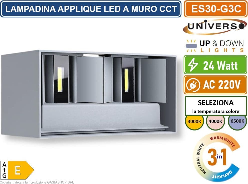 UNIVERSO ES30-G3C LAMPADA APPLIQUE LED DA MURO GRIGIA 24W DOPPIO FASCIO LUMINOSO REGOLABILE CON SWITCH CCT PER SELEZIONE LUCE 3000K/4000K/6500K IP65 - 2