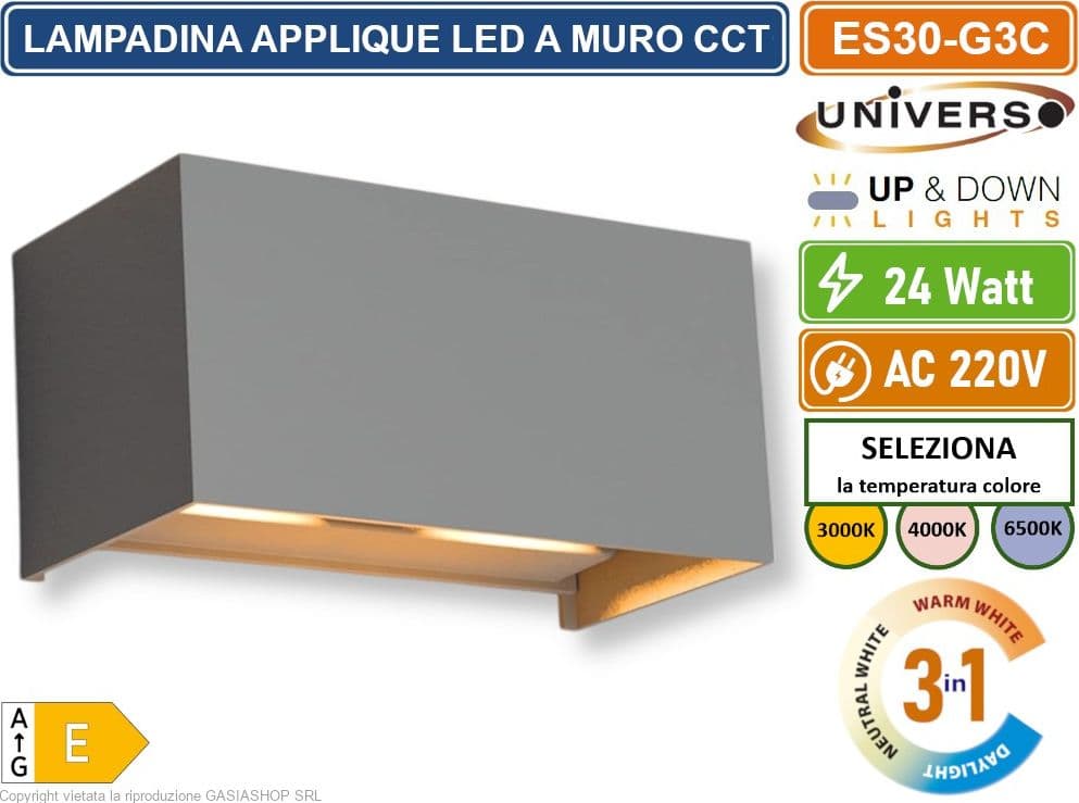 UNIVERSO ES30-G3C LAMPADA APPLIQUE LED DA MURO GRIGIA 24W DOPPIO FASCIO LUMINOSO REGOLABILE CON SWITCH CCT PER SELEZIONE LUCE 3000K/4000K/6500K IP65 - 3