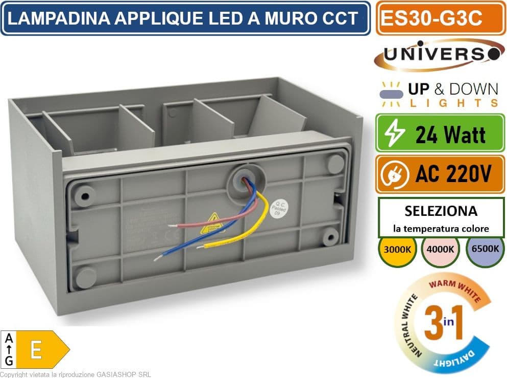 UNIVERSO ES30-G3C LAMPADA APPLIQUE LED DA MURO GRIGIA 24W DOPPIO FASCIO LUMINOSO REGOLABILE CON SWITCH CCT PER SELEZIONE LUCE 3000K/4000K/6500K IP65 - 4