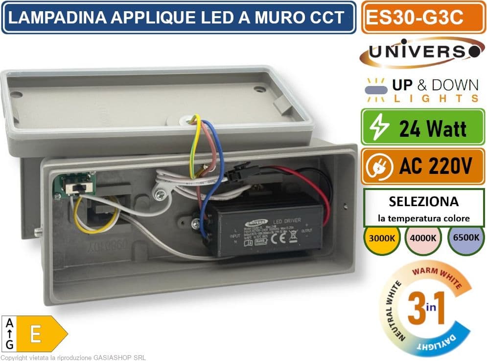 UNIVERSO ES30-G3C LAMPADA APPLIQUE LED DA MURO GRIGIA 24W DOPPIO FASCIO LUMINOSO REGOLABILE CON SWITCH CCT PER SELEZIONE LUCE 3000K/4000K/6500K IP65 - 5