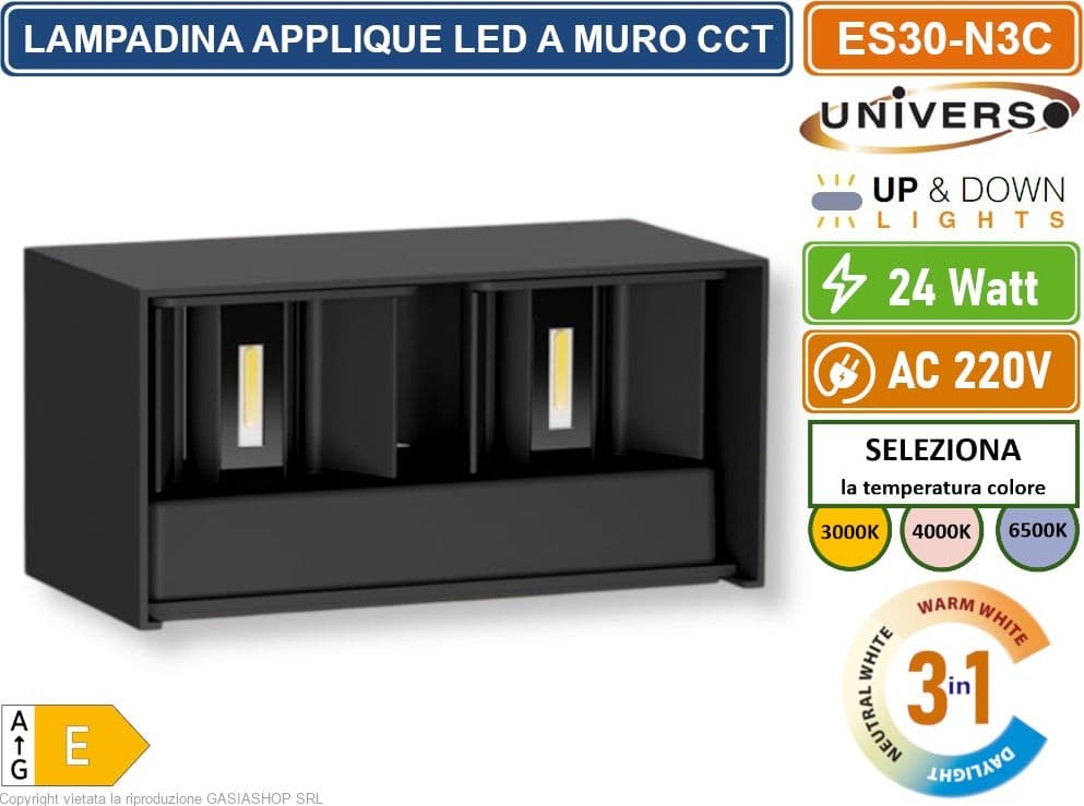 UNIVERSO ES30-N3C LAMPADA APPLIQUE LED DA MURO NERA 24W DOPPIO FASCIO LUMINOSO REGOLABILE CON SWITCH CCT PER SELEZIONE LUCE 3000K/4000K/6500K IP65 - 2