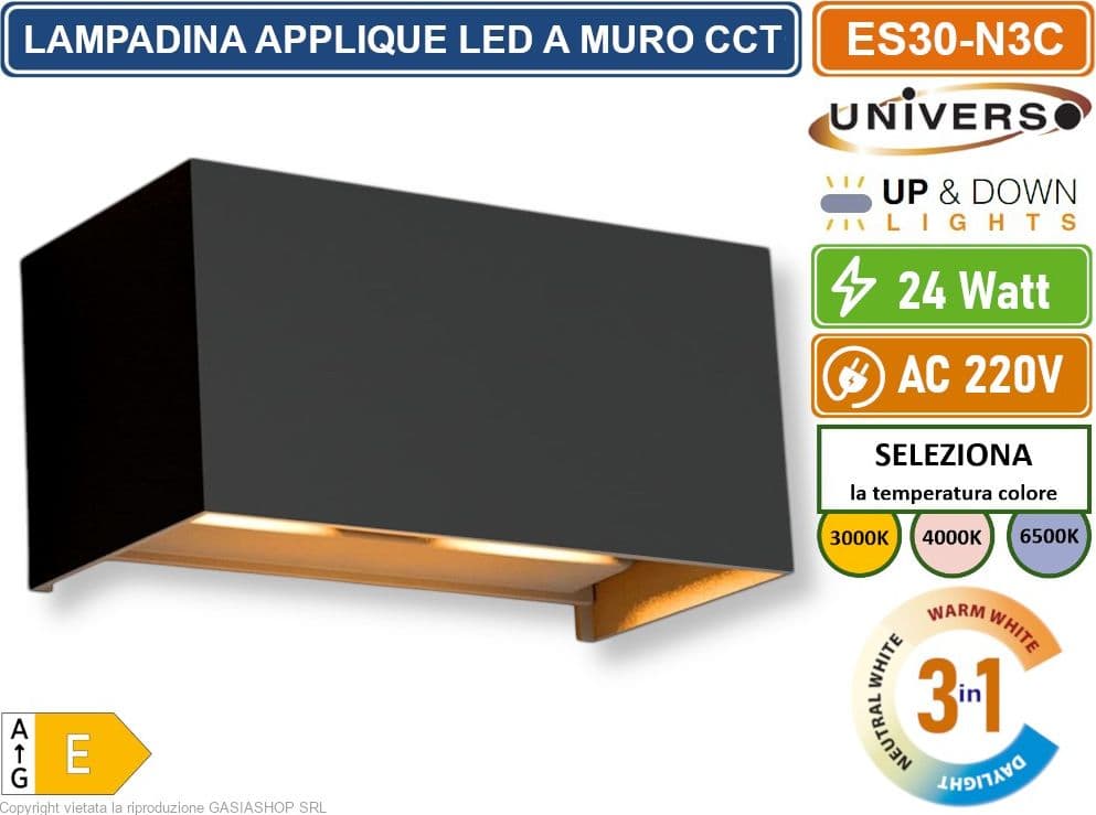 UNIVERSO ES30-N3C LAMPADA APPLIQUE LED DA MURO NERA 24W DOPPIO FASCIO LUMINOSO REGOLABILE CON SWITCH CCT PER SELEZIONE LUCE 3000K/4000K/6500K IP65 - 3