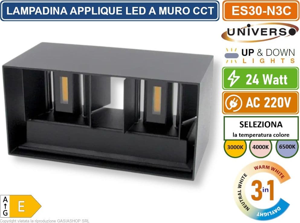 UNIVERSO ES30-N3C LAMPADA APPLIQUE LED DA MURO NERA 24W DOPPIO FASCIO LUMINOSO REGOLABILE CON SWITCH CCT PER SELEZIONE LUCE 3000K/4000K/6500K IP65 - 4