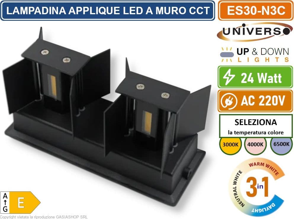 UNIVERSO ES30-N3C LAMPADA APPLIQUE LED DA MURO NERA 24W DOPPIO FASCIO LUMINOSO REGOLABILE CON SWITCH CCT PER SELEZIONE LUCE 3000K/4000K/6500K IP65 - 5