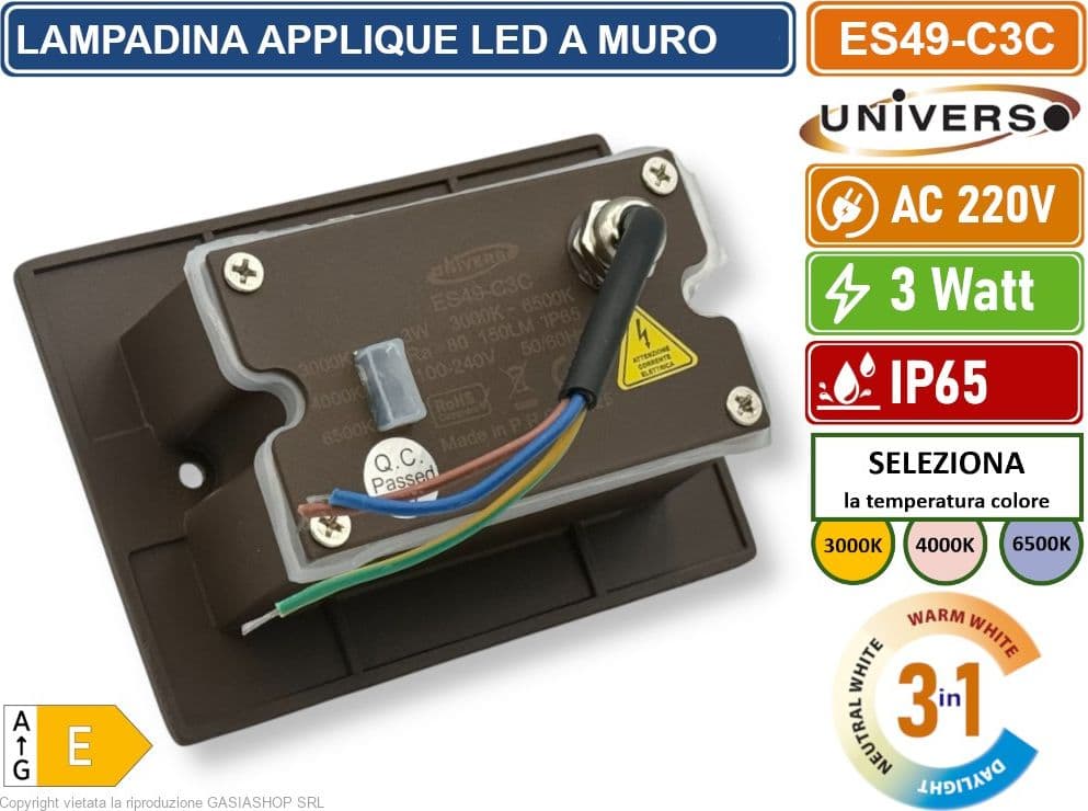 UNIVERSO ES49-C3C PUNTO LUCE SEGNAPASSO RETTANGOLARE LED AD INCASSO CAMBIA COLORE CCT 3IN1 3W 24° DA ESTERNO IP65 - 4