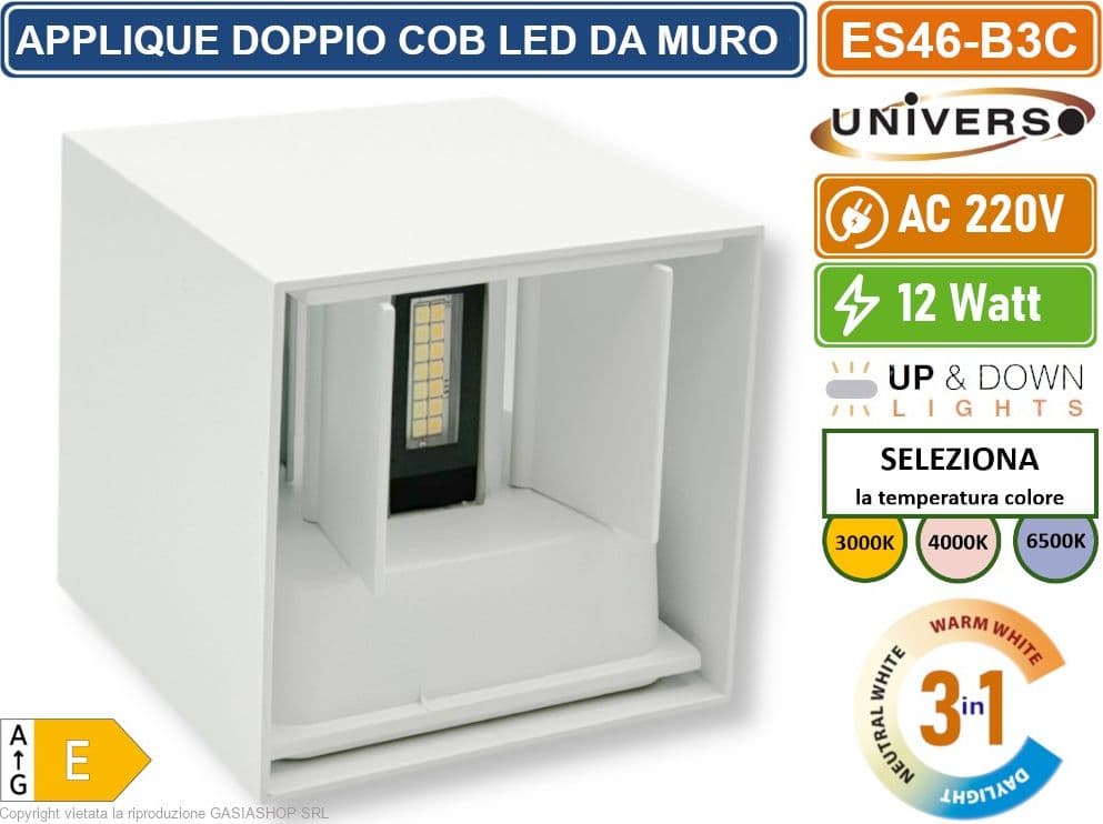 UNIVERSO ES46-B3C APPLIQUE LAMPADA DA MURO DOPPIO LED COB 12W FASCIO REGOLABILE CON SWITCH CCT PER SELEZIONE LUCE 3000K/4000K/6500K IP65 - 2
